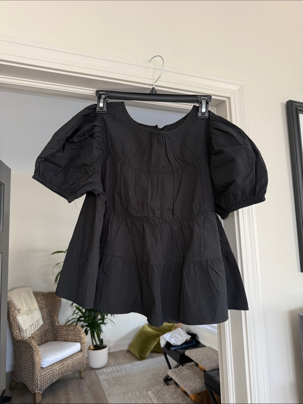 Black Puff-Sleeve Peplum Top - Women - cotton
